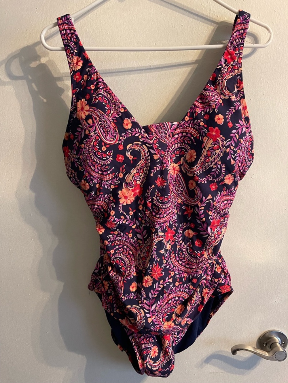 Women’s XL Land’s End One-Piece Swimsuit - Deep Purple with Pink Floral Paisley